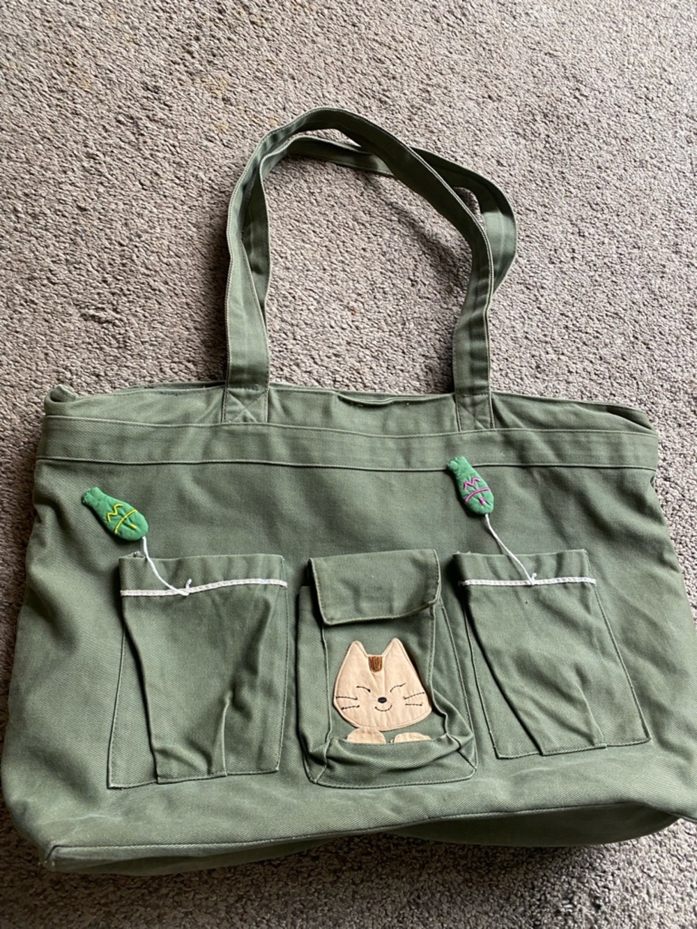 Green Canvas Tote Bag with Cat Applique